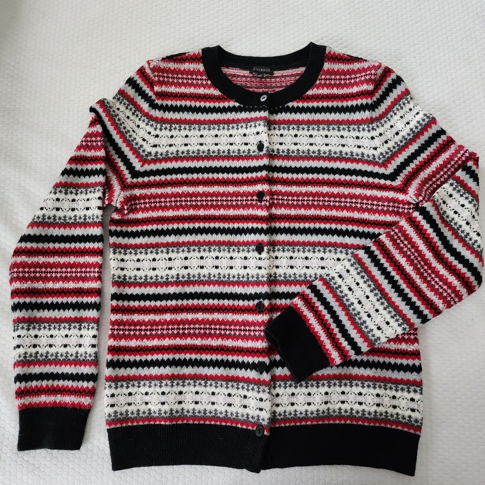 Talbots Red/Navy Fairisle Cardigan - Size Medium